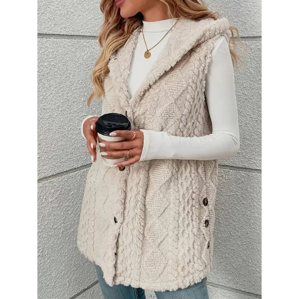 NWT Womens Hooded Plush Vest With Buttons Sleeveless Outerwear S-XXL Sizes - Picture 3 of 4